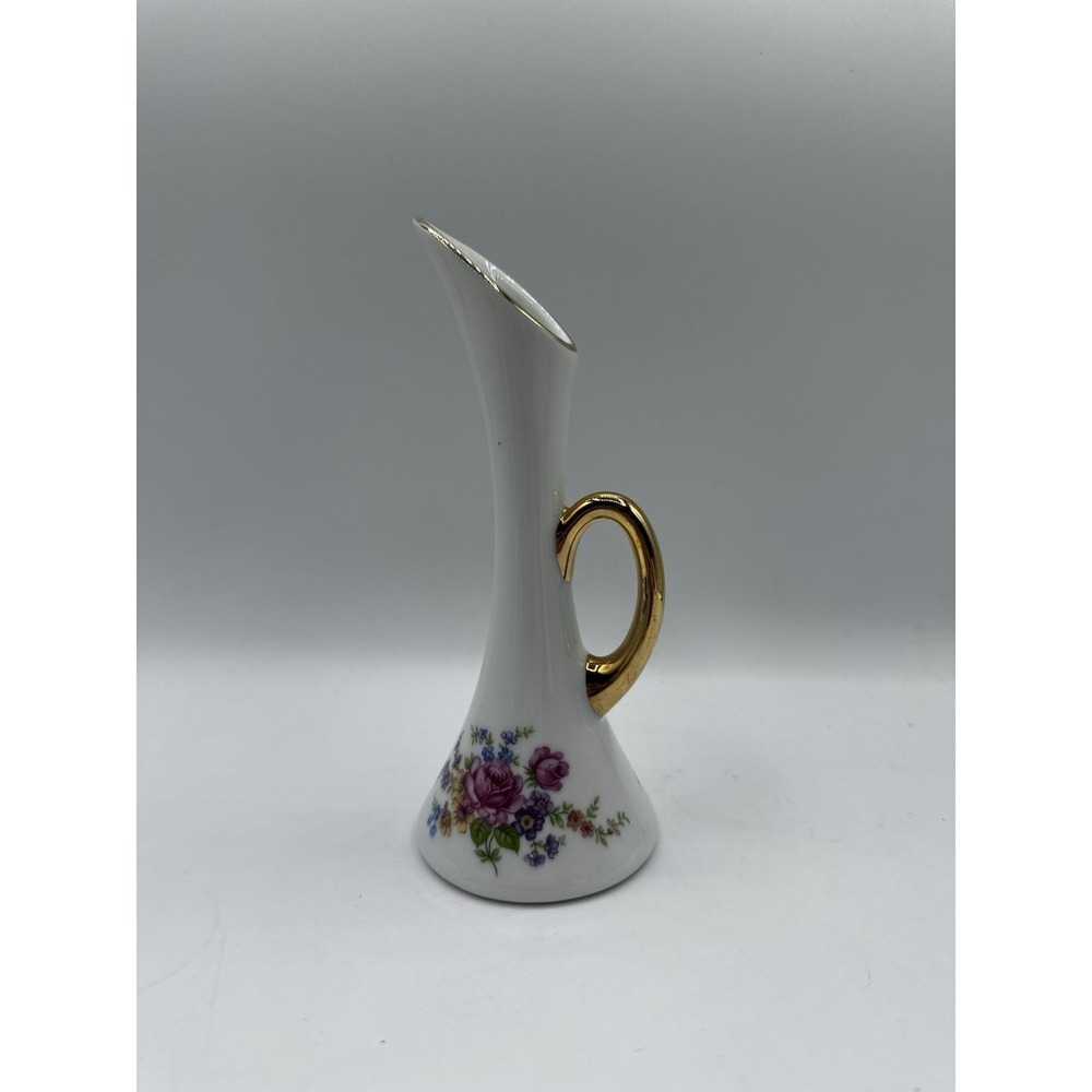 Porcelanas Guillen Madrid Porcelain Bud Vase White Floral Gold Handle Spain